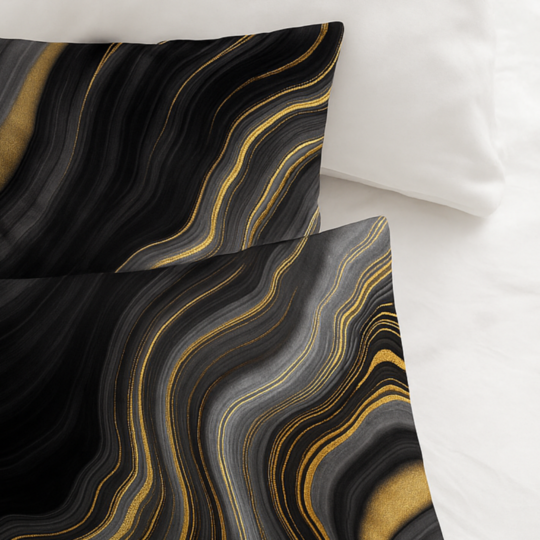 Kissenbezüge Matt Satin Marmor Gold Schwarz 60x70 cm 2er-Pack