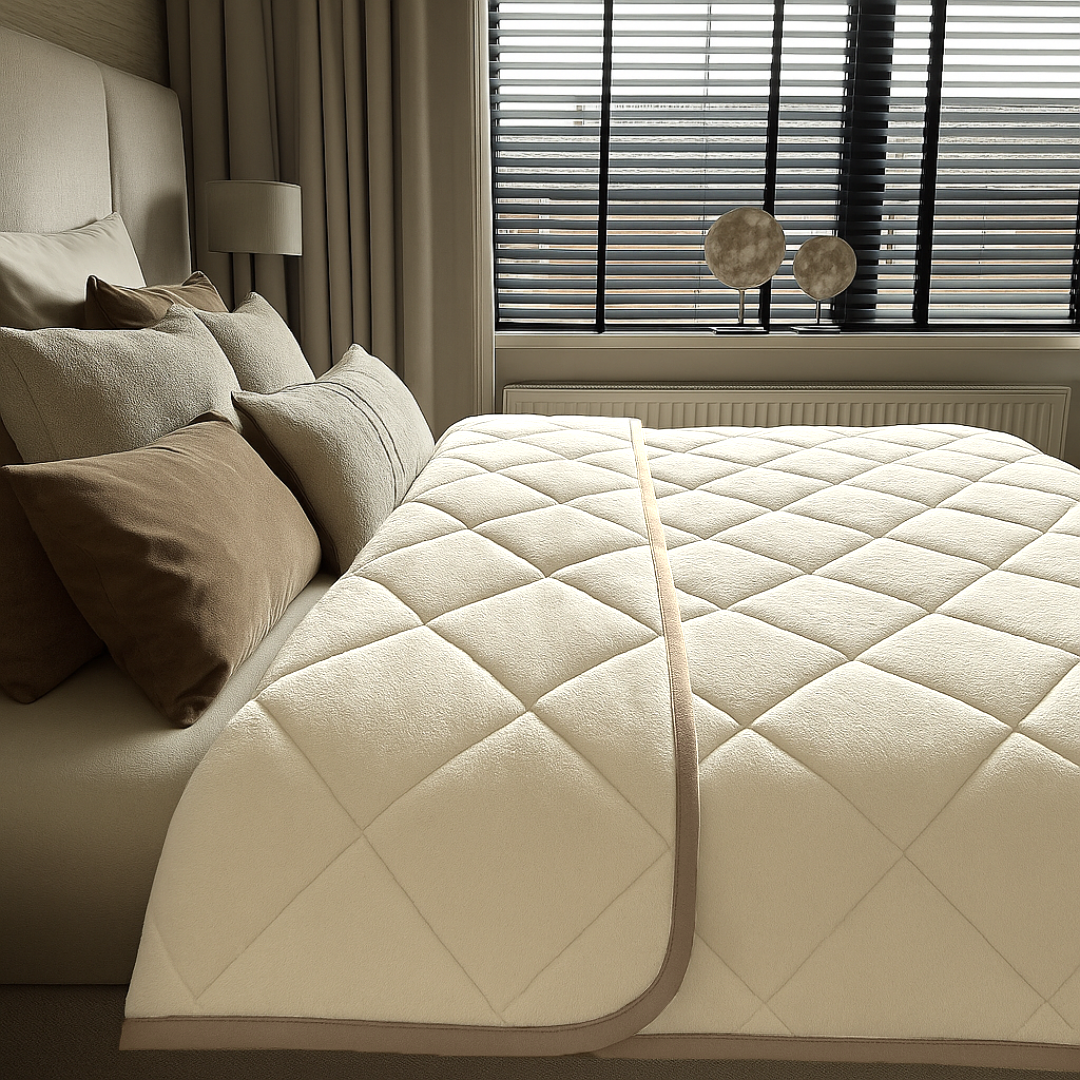 Bettdecke ohne Bezug aus Soft-Fleece-Flanell in Pearl White mit Taupe-/Grau-Paspel