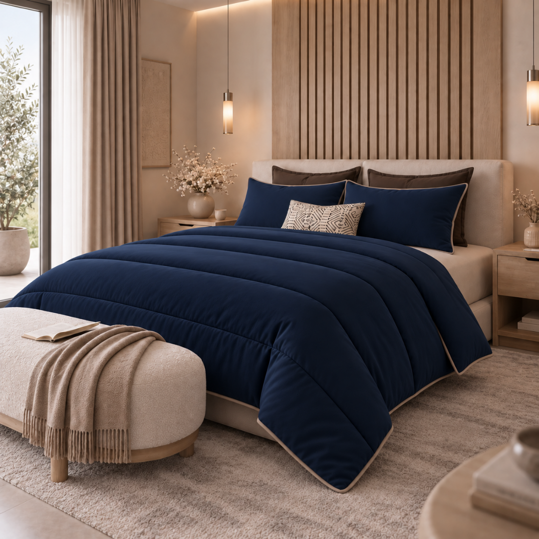 Y-NOT Uni-Bettdecke Navyblau mit taupefarbener Paspelierung