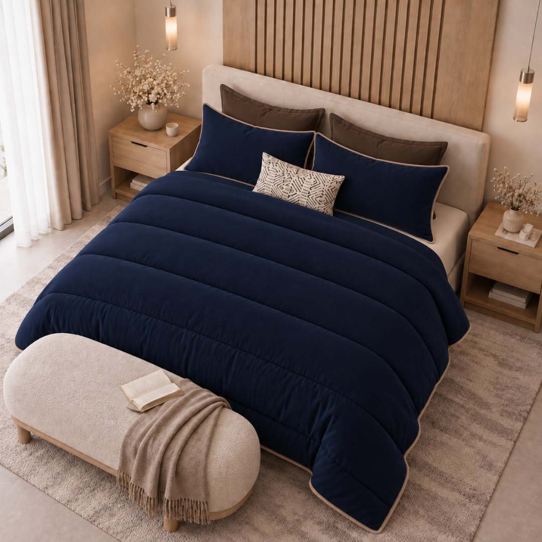 Y-NOT Uni-Bettdecke Navyblau mit taupefarbener Paspelierung