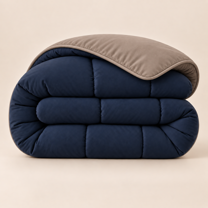 Y-NOT Uni-Bettdecke Navyblau/Taupe mit taupefarbener Paspelierung