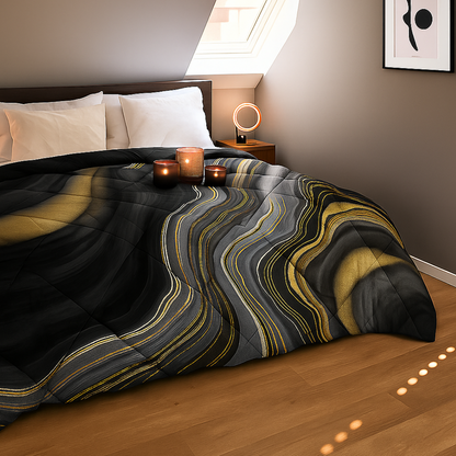 Bettdecke Ohne Bezug Matt-Satin Marmor Gold Schwarz