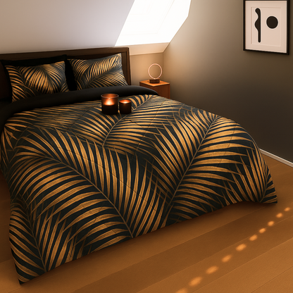 Bettdecke Ohne Bezug Matt-Satin Leaves Green Gold