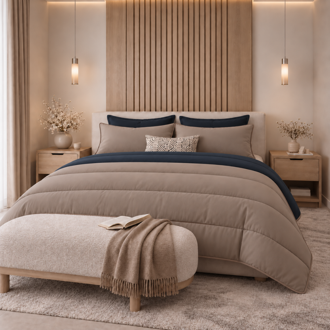 Y-NOT Uni-Bettdecke Navyblau/Taupe mit taupefarbener Paspelierung