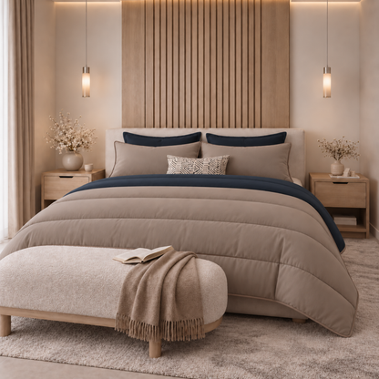 Y-NOT Uni-Bettdecke Navyblau/Taupe mit taupefarbener Paspelierung