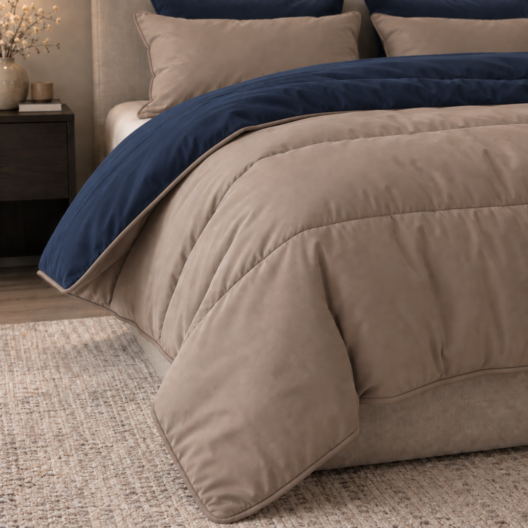 Y-NOT Uni-Bettdecke Navyblau/Taupe mit taupefarbener Paspelierung