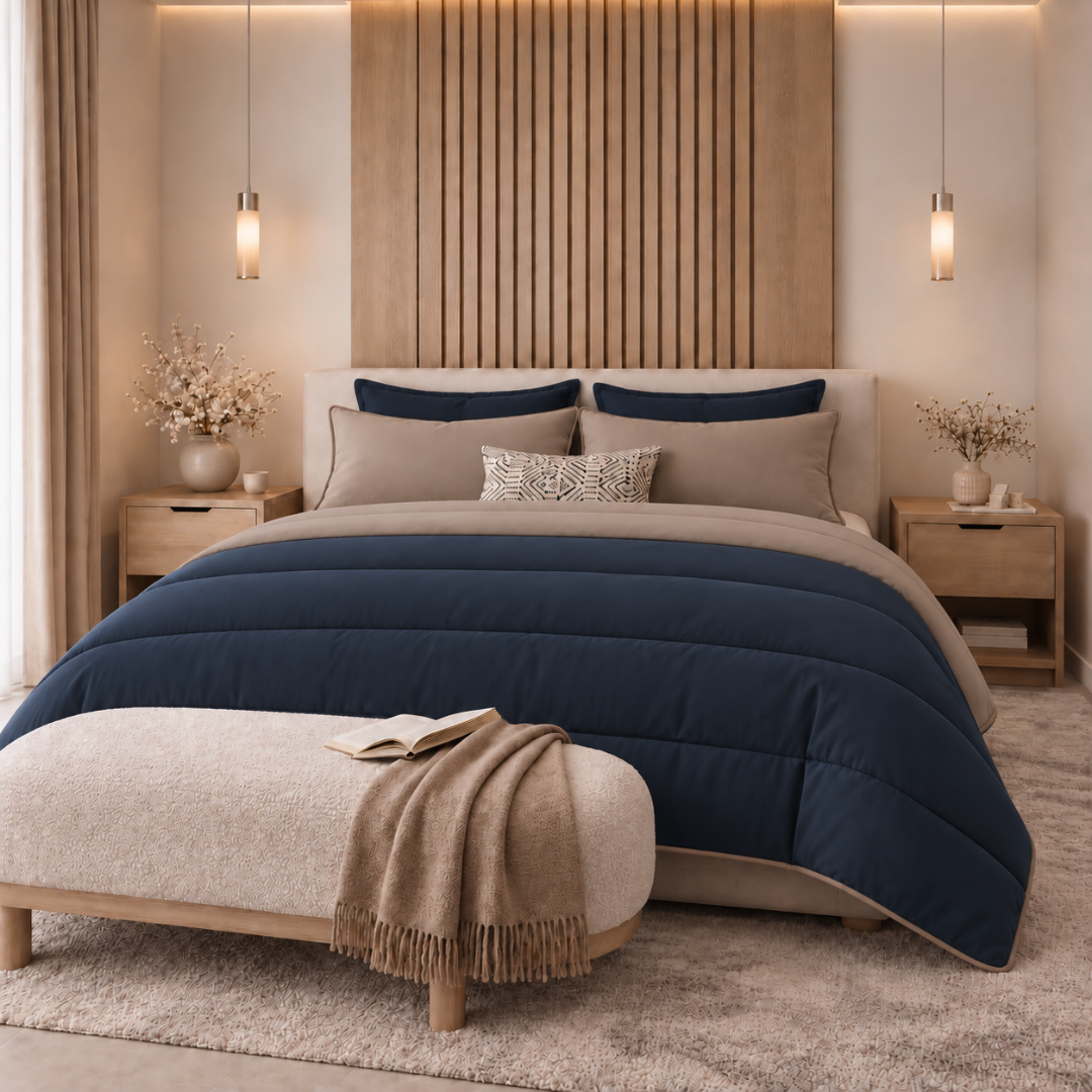 Y-NOT Uni-Bettdecke Navyblau/Taupe mit taupefarbener Paspelierung