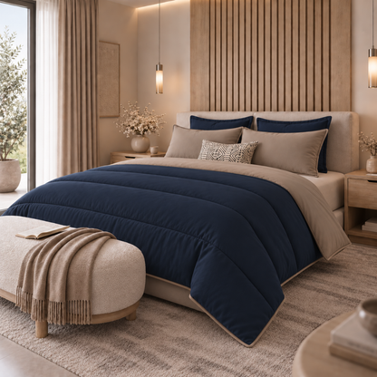 Y-NOT Uni-Bettdecke Navyblau/Taupe mit taupefarbener Paspelierung