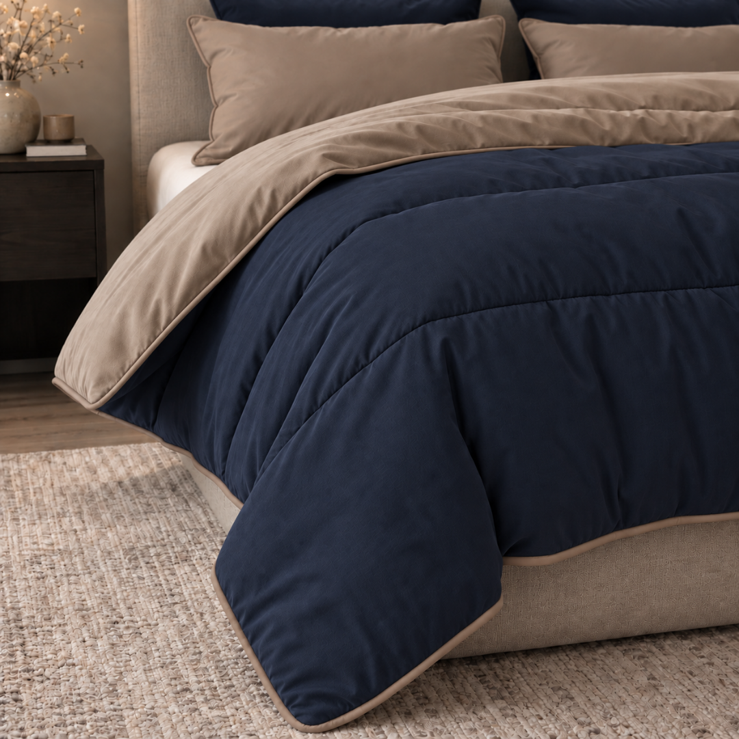 Y-NOT Uni-Bettdecke Navyblau/Taupe mit taupefarbener Paspelierung