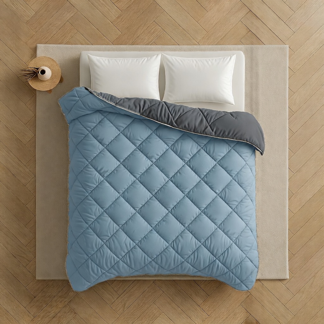 Bettdecke ohne Bezug aus Mattsatin Hellblau / Dunkelgrau (220 cm Länge)