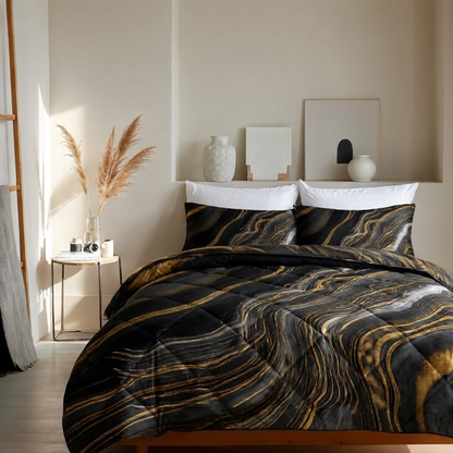 Bettdecke Ohne Bezug Matt-Satin Marmor Gold Schwarz