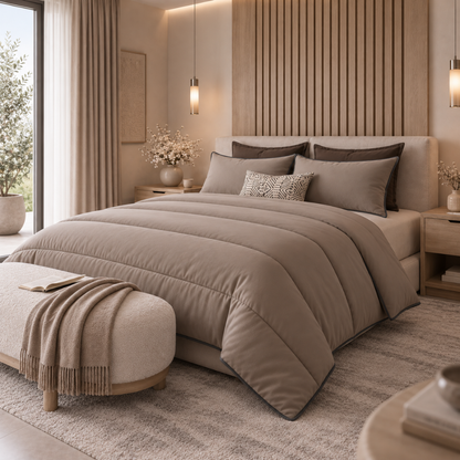 Y-NOT Uni-Bettdecke Taupe mit anthrazitfarbener Paspelierung