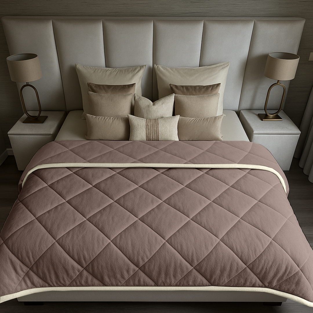 Bettdecke ohne Bezug aus Soft-Fleece-Flanell in Taupe / Grau mit perlmuttweißer Paspel