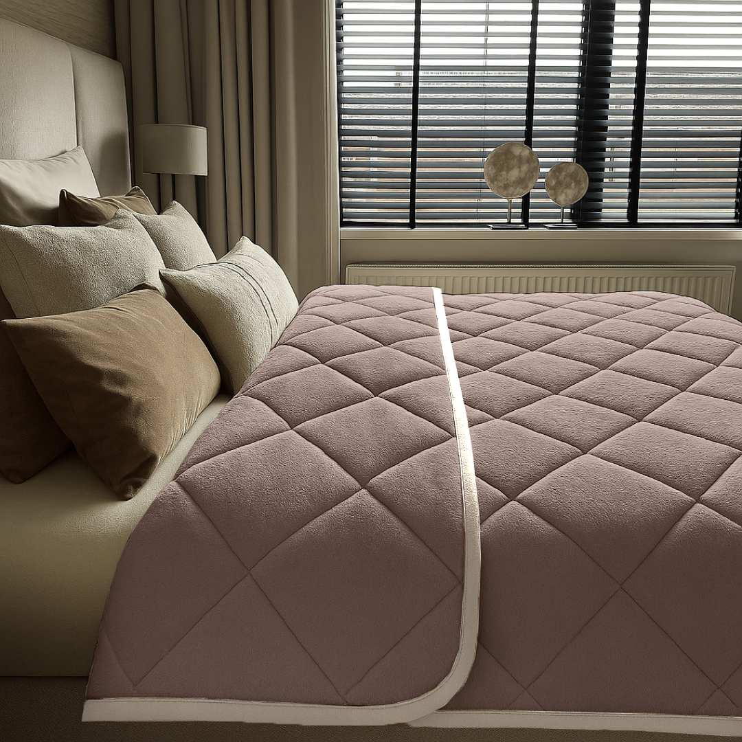 Bettdecke ohne Bezug aus Soft-Fleece-Flanell in Taupe / Grau mit perlmuttweißer Paspel