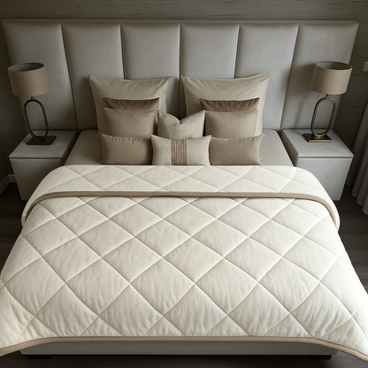 Bettdecke ohne Bezug aus Soft-Fleece-Flanell in Pearl White mit Taupe-/Grau-Paspel