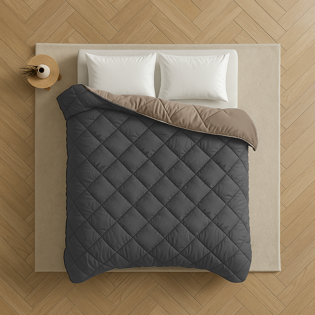 Bettdecke ohne Bezug aus Mattsatin Taupe / Anthrazit (220 cm Länge)