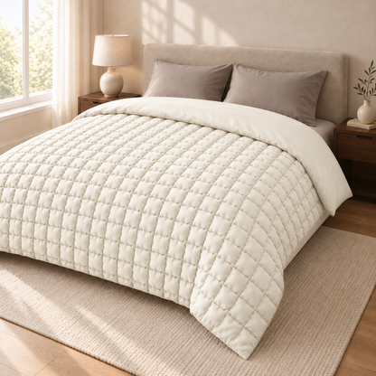 Cremeweiße Bettdecke mit kleinen, bauschigen Steppquadraten, schräg von vorne in einem hellen Schlafzimmer fotografiert