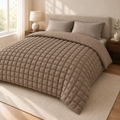 Bettdecke in Taupe mit kleinen, bauschigen Steppquadraten, schräg von vorne in einem hellen Schlafzimmer fotografiert.