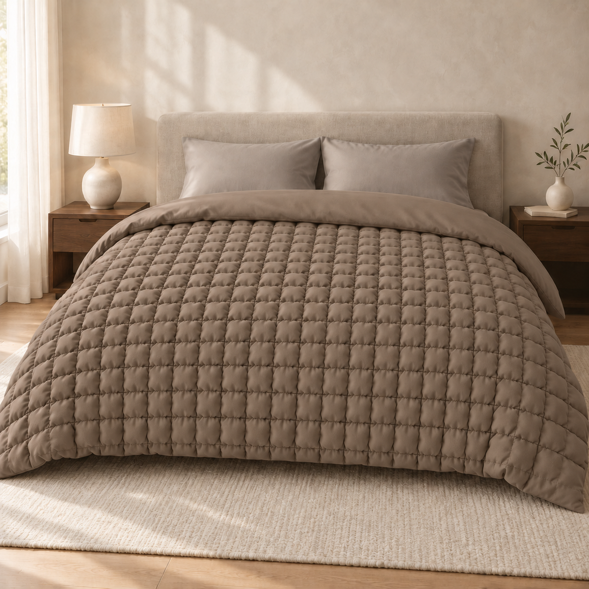 Bettdecke in Taupe mit kleinen Steppquadraten und umgeschlagener glatter Unterseite, vom Fußende aus gesehen.