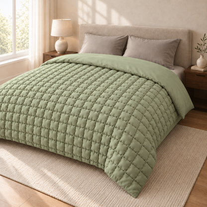 Olivgrüne Bettdecke mit kleinen, bauschigen Steppquadraten, schräg von vorne in einem hellen Schlafzimmer fotografiert.