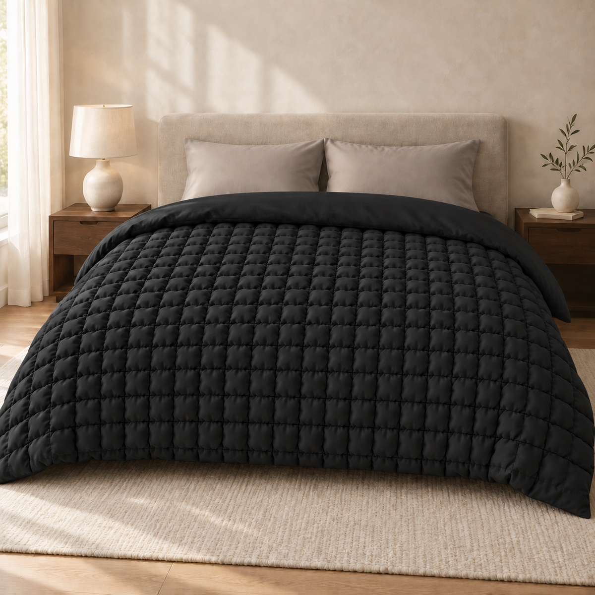 Schwarze Bettdecke mit kleinen, bauschigen Steppquadraten, schräg von vorne in einem hellen Schlafzimmer fotografiert.