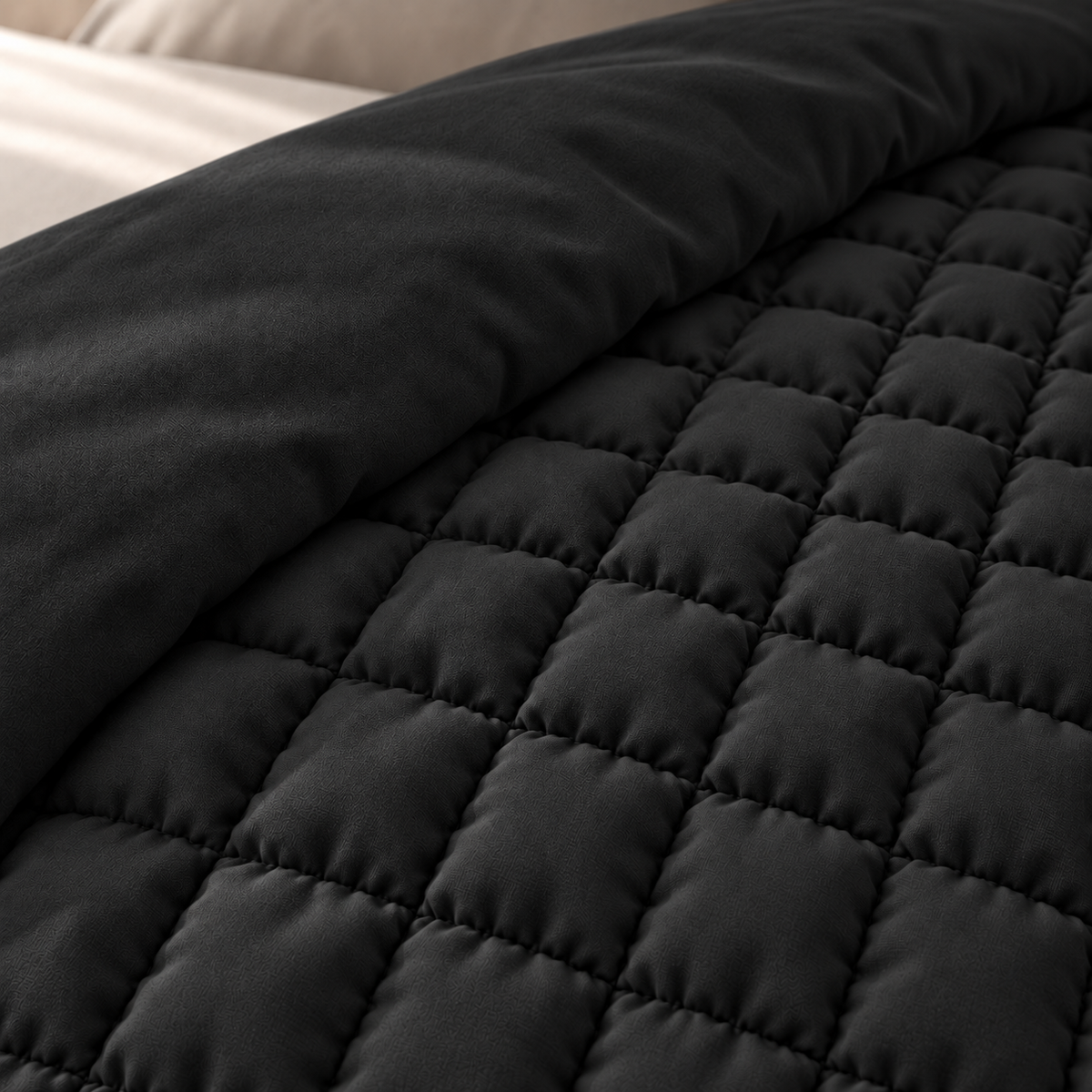 Detail van de kleine puffy vakjes en de gladde, effen onderkant van het zwarte dekbed.