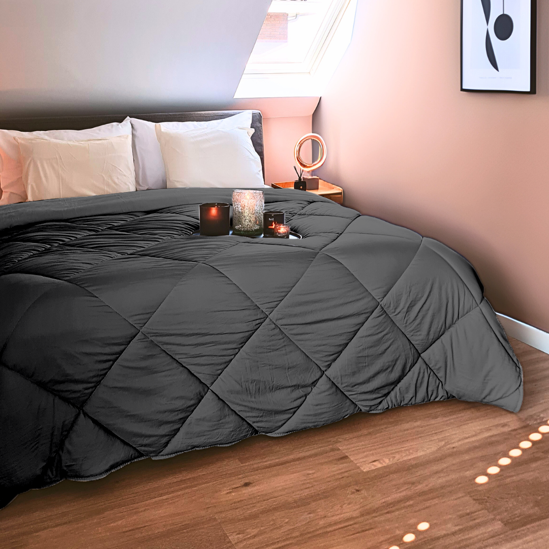 Bettdecke ohne Bezug aus Mattsatin Taupe / Anthrazit (220 cm Länge)