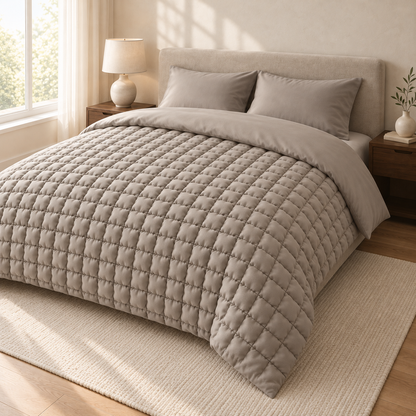 Graue Bettdecke mit kleinen, bauschigen Steppquadraten, schräg von vorne in einem hellen Schlafzimmer fotografiert.